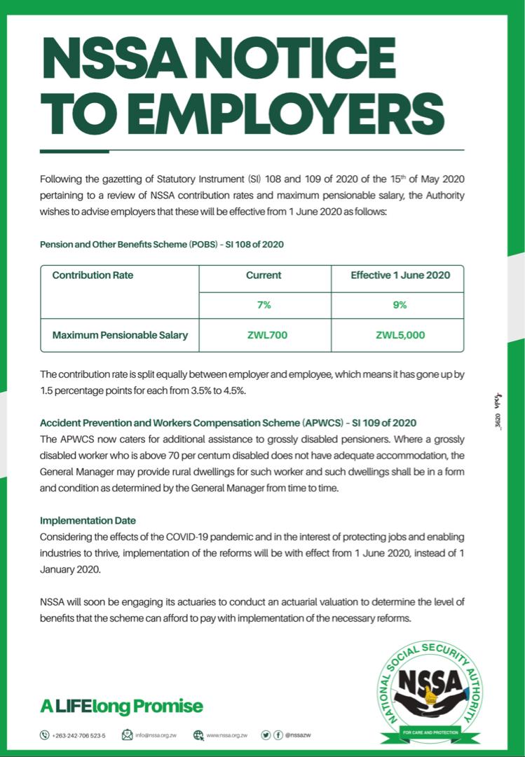Zimbabwe Change in NSSA limit and contribution effective 1 June 2020 Announcements Sage